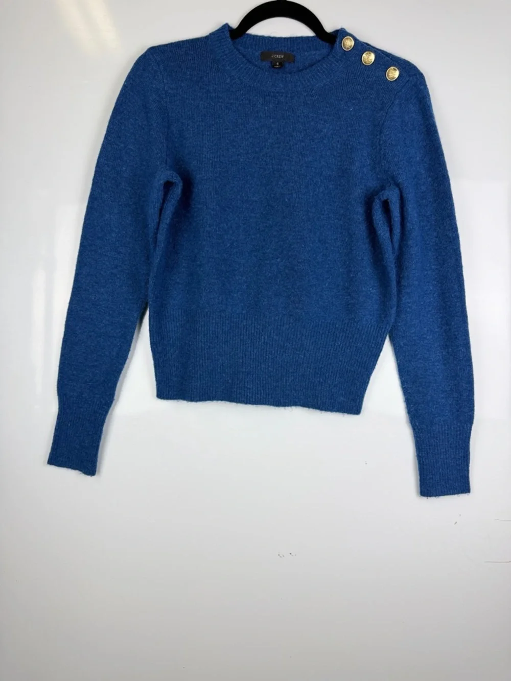 J. Crew Sz S Merino Wool Blend Royal Blue Button-Shoulder Crewneck Sweater